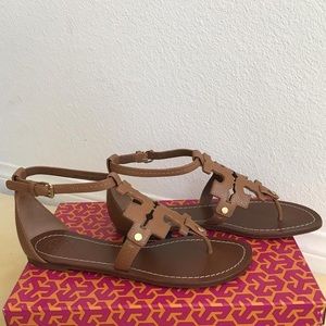 Tory Burch Brown Elba Leather Flat Sandals Size 9